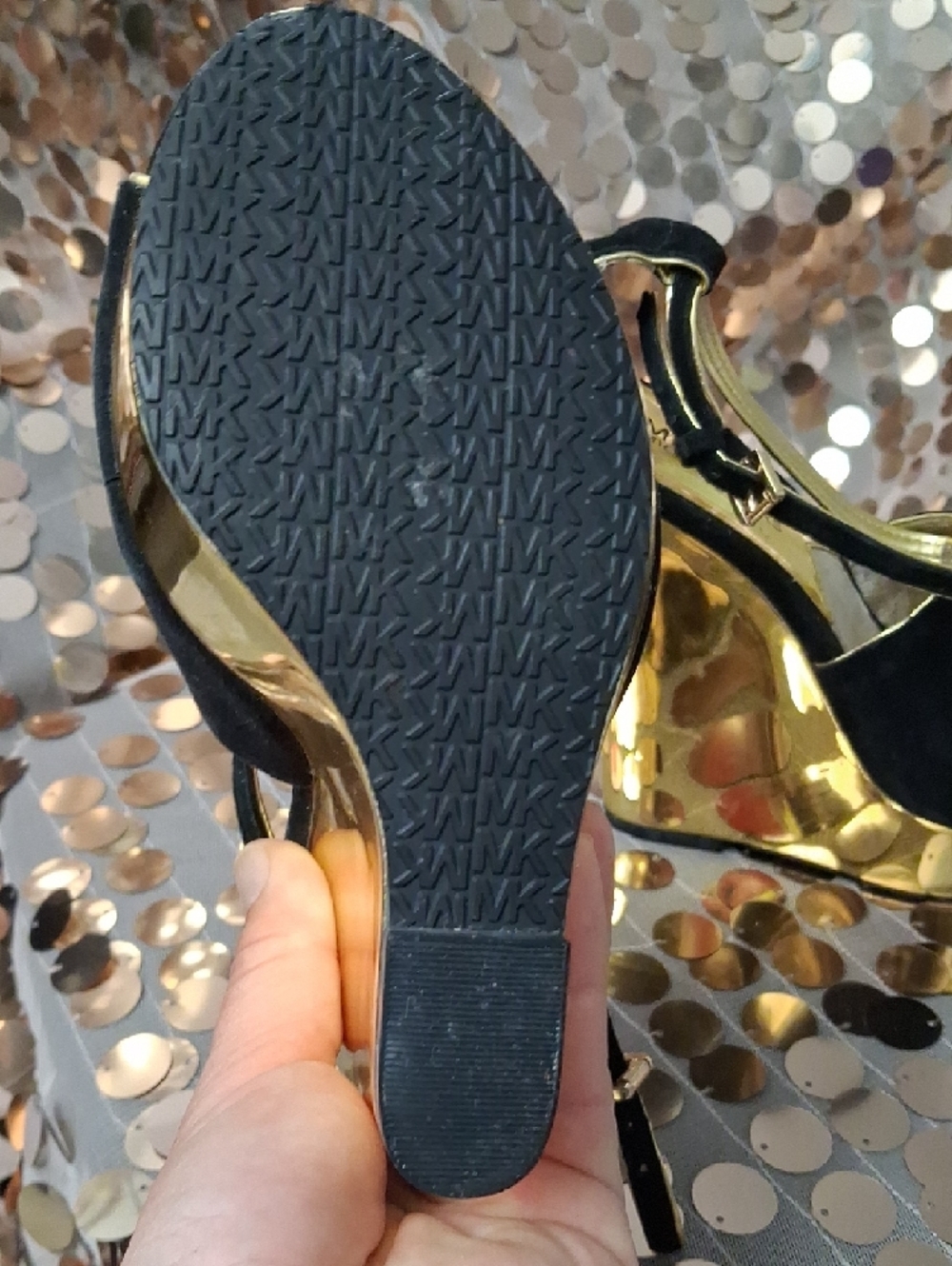 Michael Kors Black Suede and Gold Wedge Sandals - Picture 10 of 12